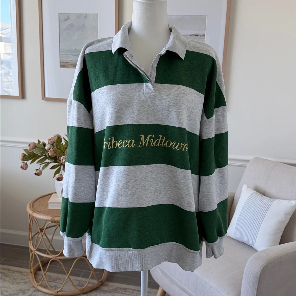 ZARA Tribeca Midtown NY Rugby Polo Sweatshirt Green Gray Striped Oversized - Picture 1 of 15